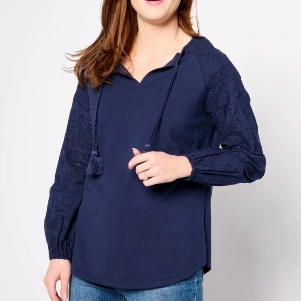 Belle by Kim Gravel Eyelet Everything Mixed Media Top Twilight Navy XXS A637449